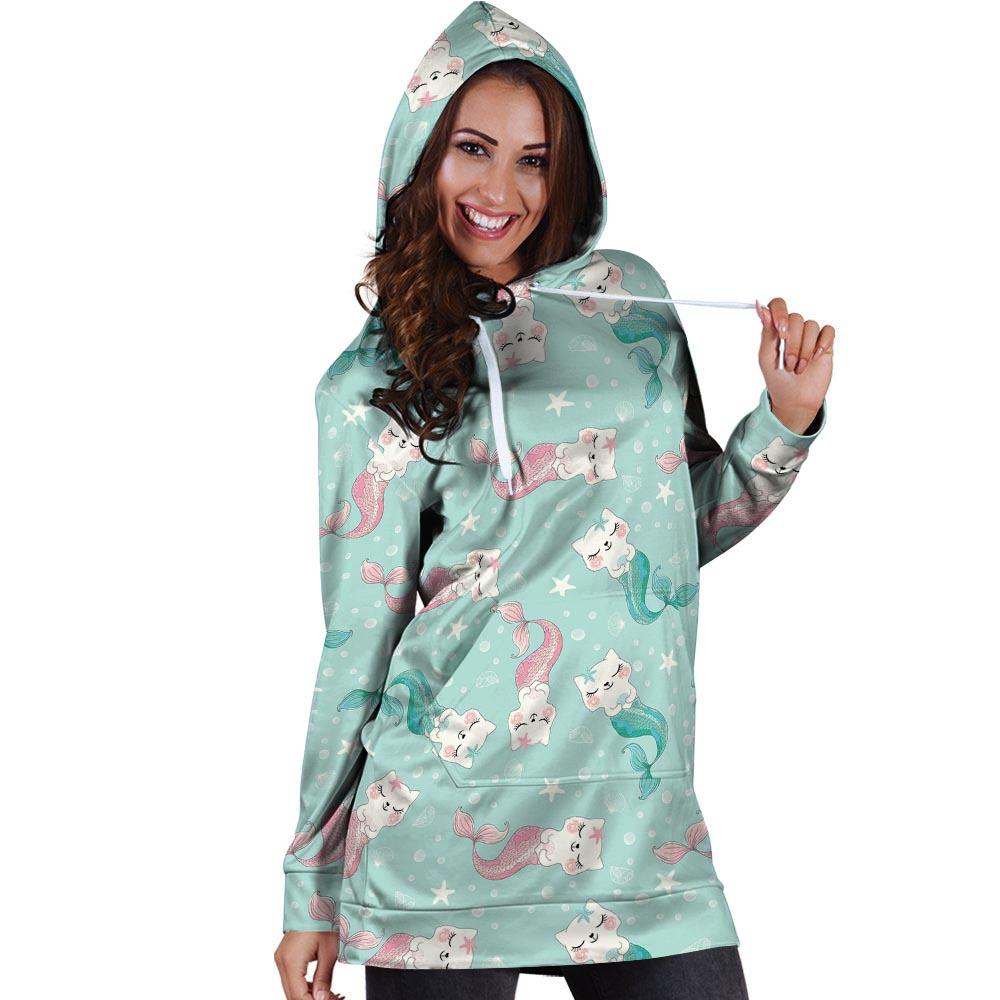 Cute Cat Mermaid Print Hoodie Dress-grizzshop