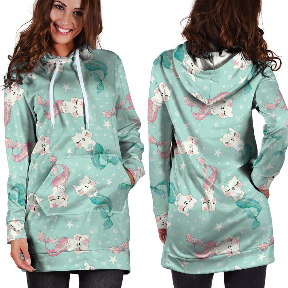 Cute Cat Mermaid Print Hoodie Dress-grizzshop