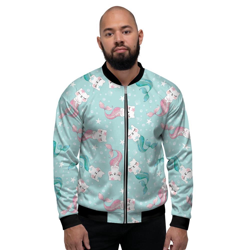 Cute Cat Mermaid Print Men's Bomber Jacket-grizzshop