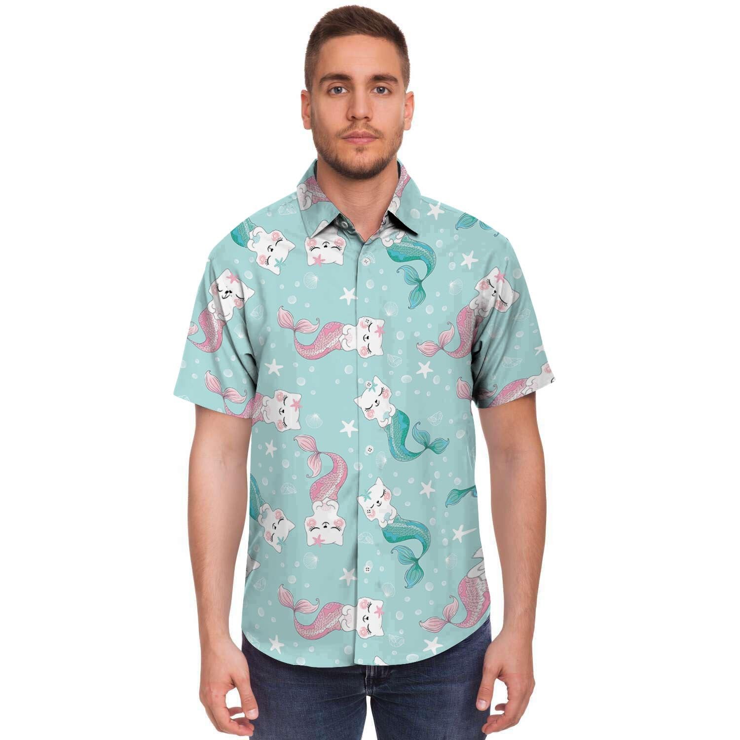 Cute Cat Mermaid Print Men's Short Sleeve Shirt-grizzshop