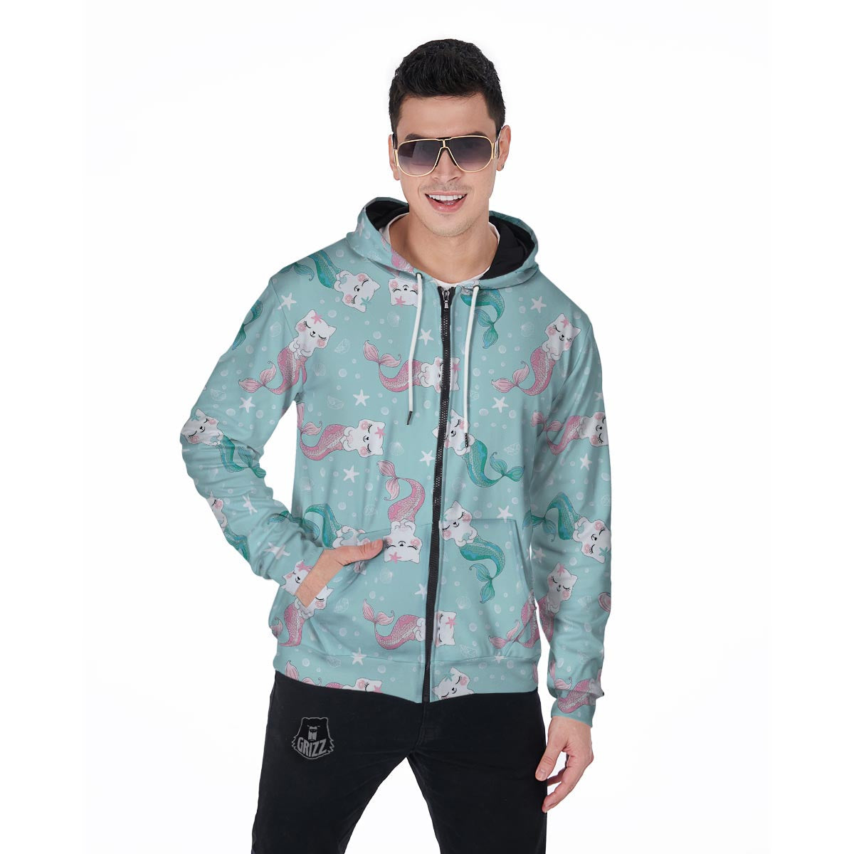 Cute Cat Mermaid Print Men's Zip Up Hoodie-grizzshop