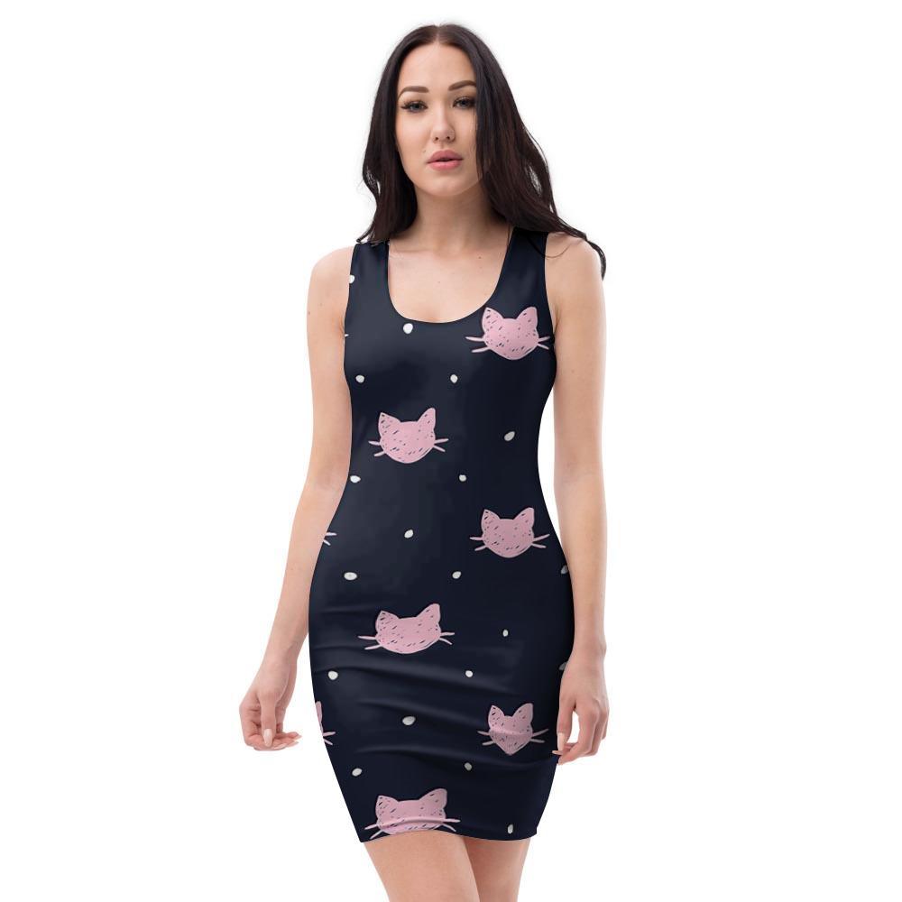 Cute Cat Polka Dot Print Bodycon Dress-grizzshop