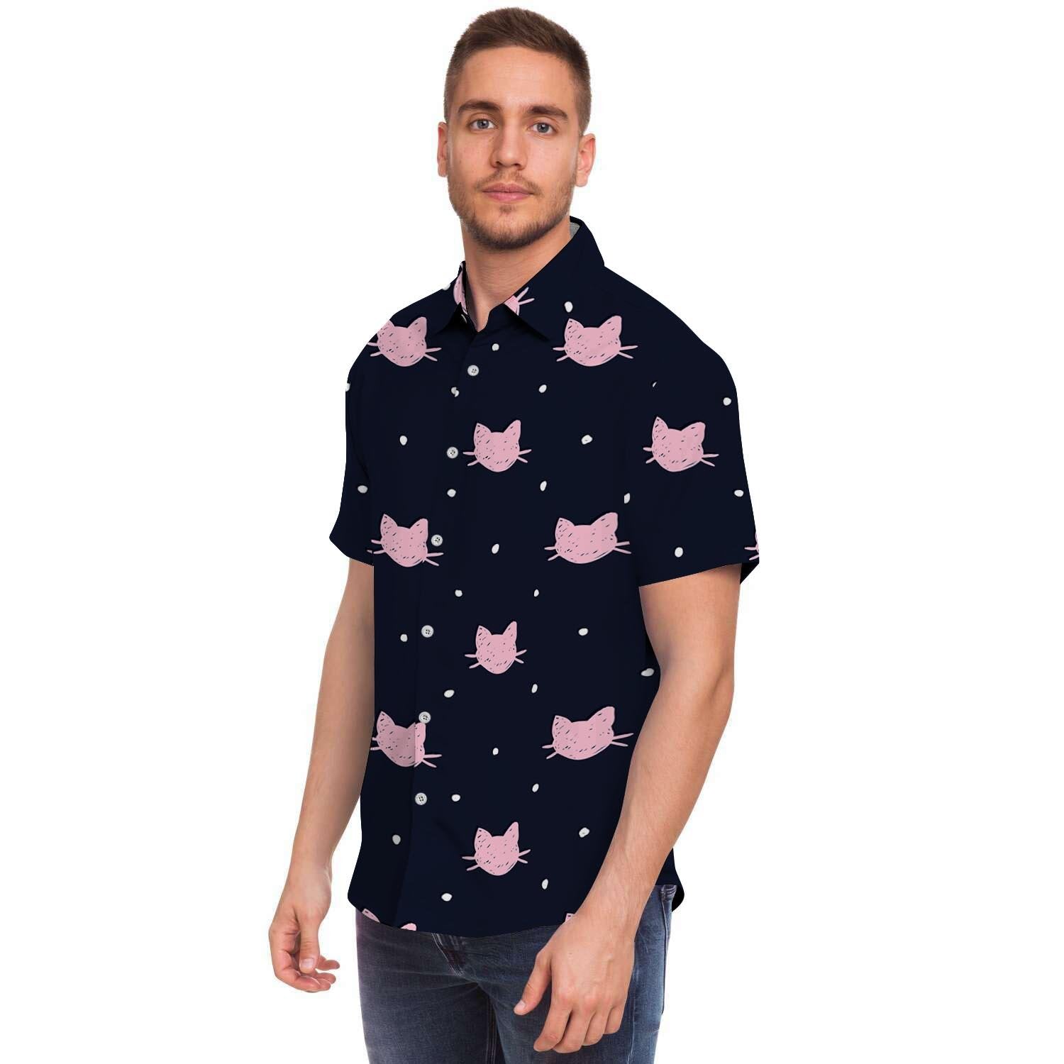 Cute Cat Polka Dot Print Men's Short Sleeve Shirt-grizzshop