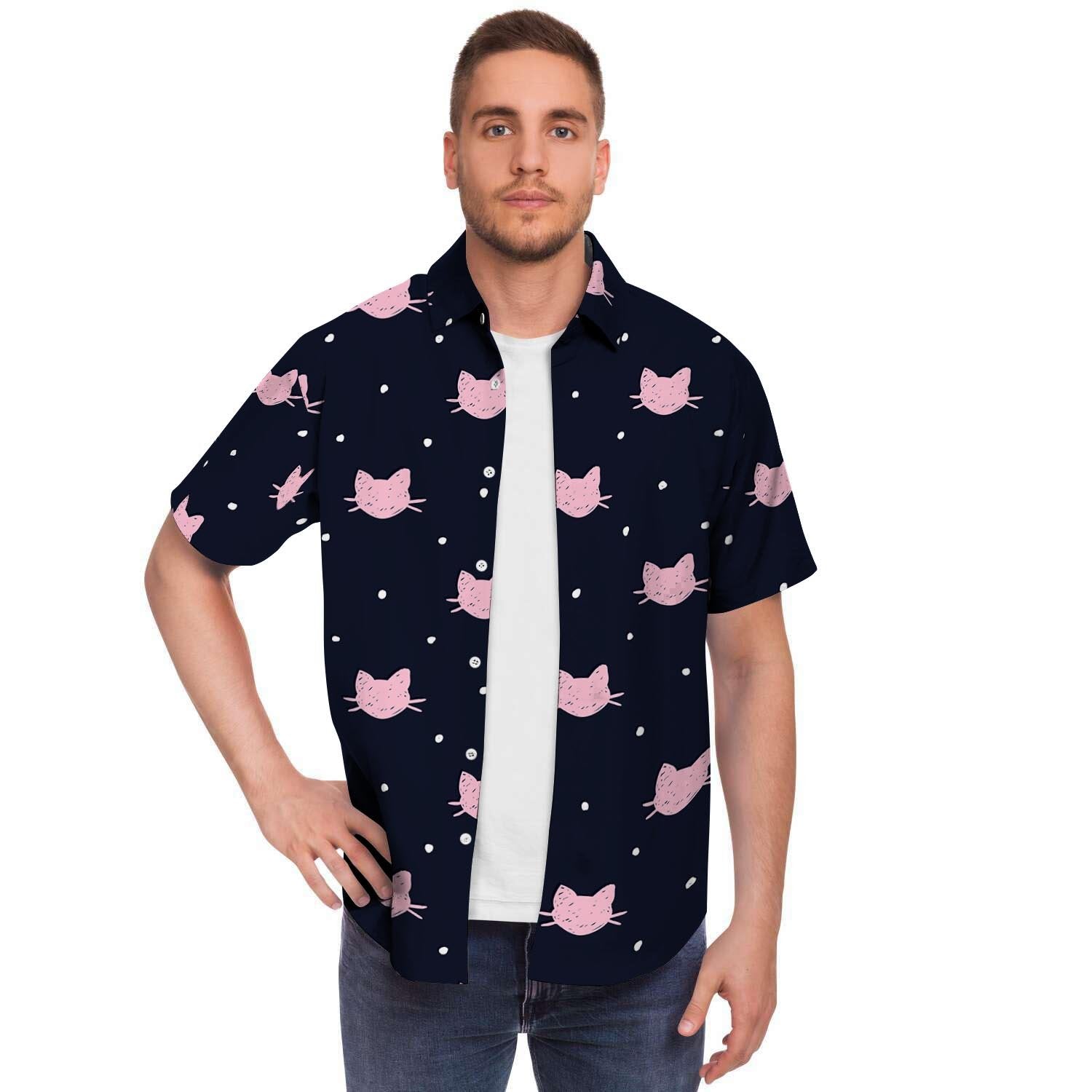 Cute Cat Polka Dot Print Men's Short Sleeve Shirt-grizzshop