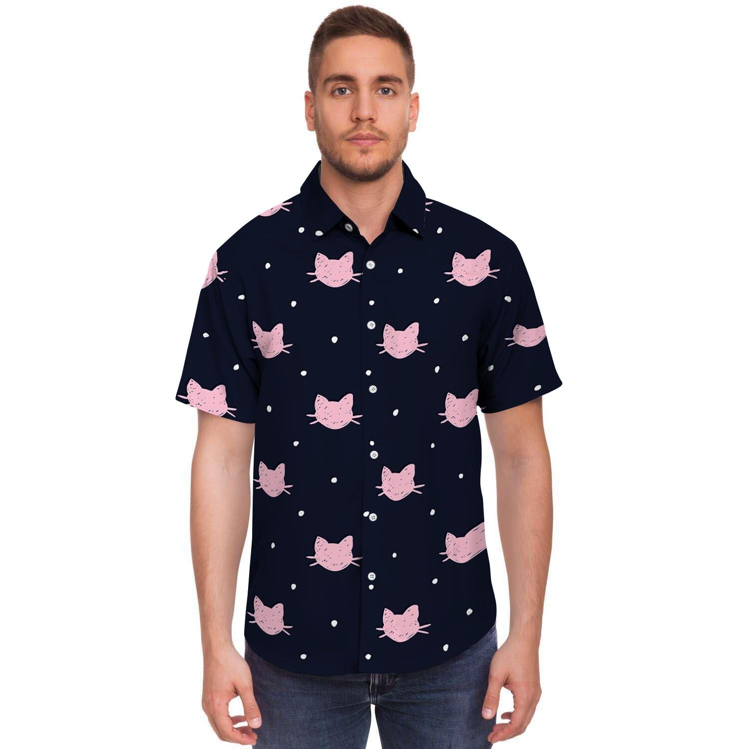 Cute Cat Polka Dot Print Men's Short Sleeve Shirt-grizzshop