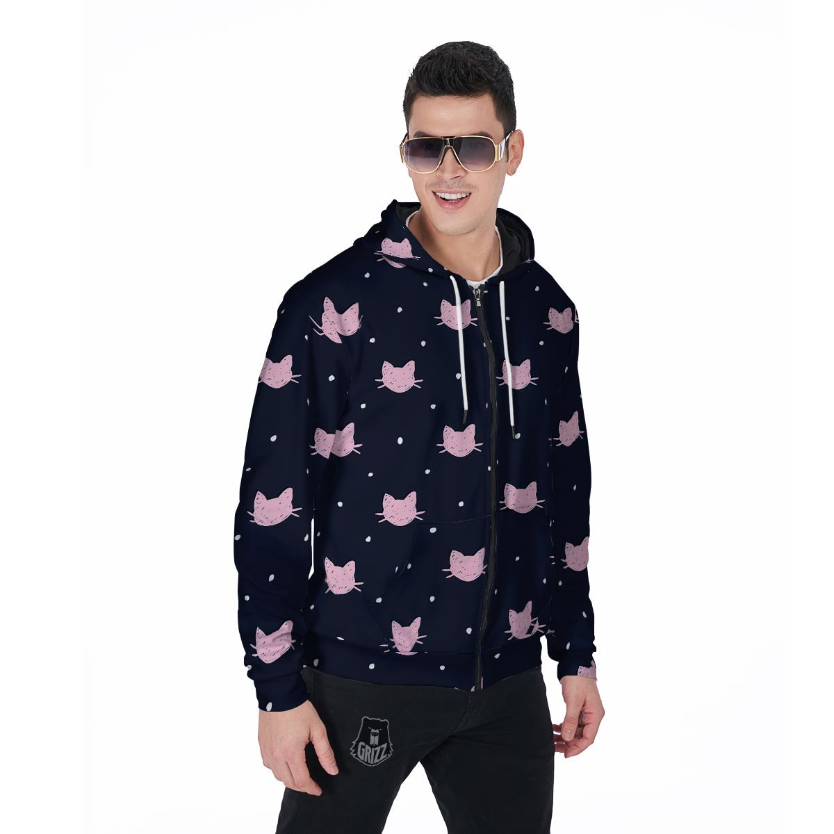 Cute Cat Polka Dot Print Men's Zip Up Hoodie-grizzshop