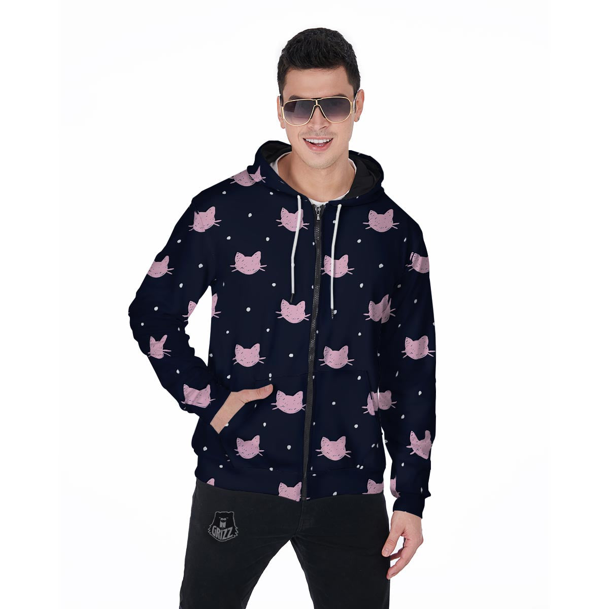 Cute Cat Polka Dot Print Men's Zip Up Hoodie-grizzshop