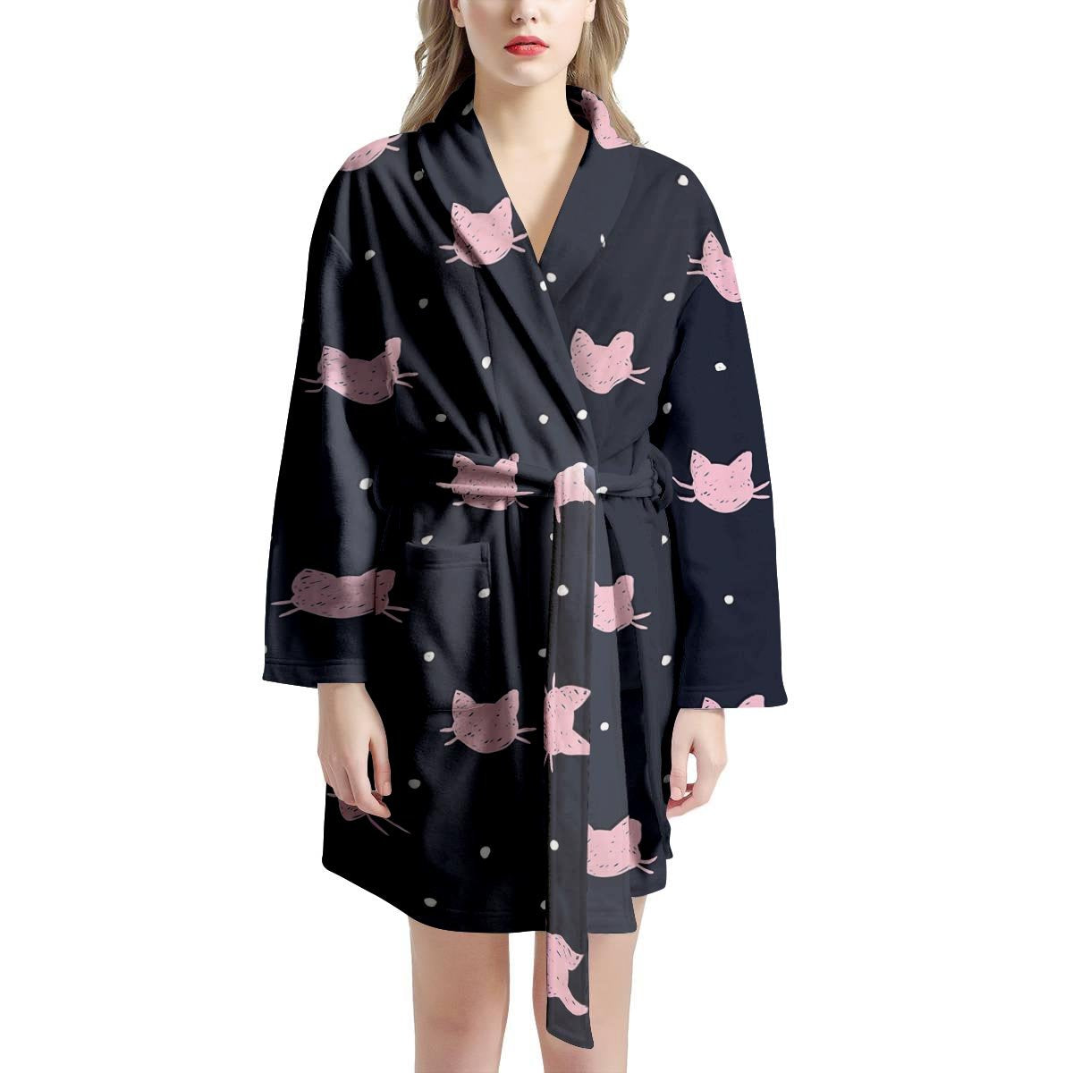 Cute Cat Polka Dot Print Women's Robe-grizzshop