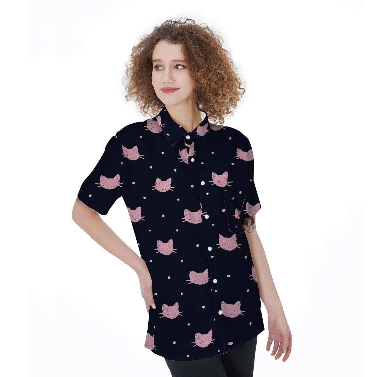 Cute Cat Polka Dot Print Women's Short Sleeve Shirts-grizzshop