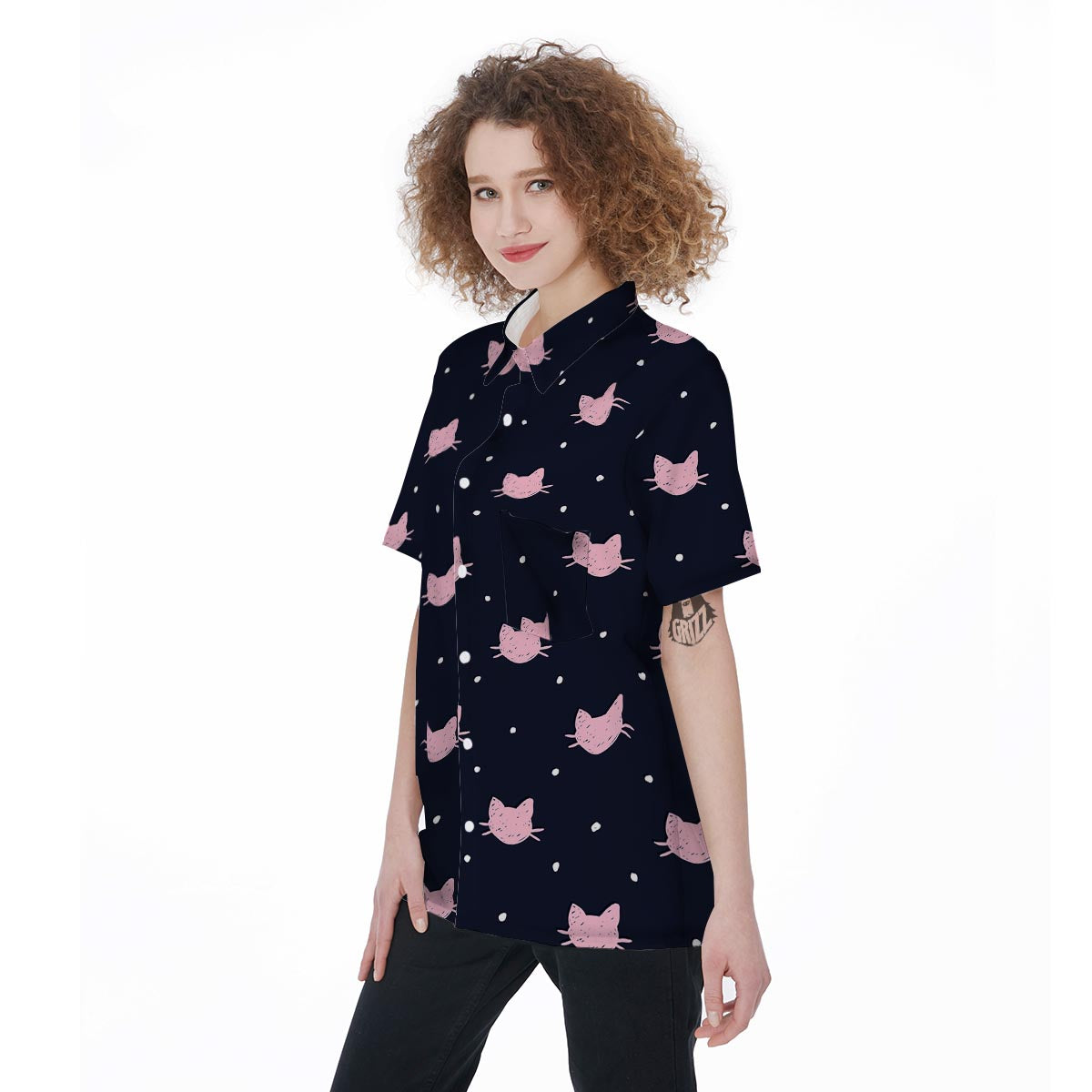 Cute Cat Polka Dot Print Women's Short Sleeve Shirts-grizzshop