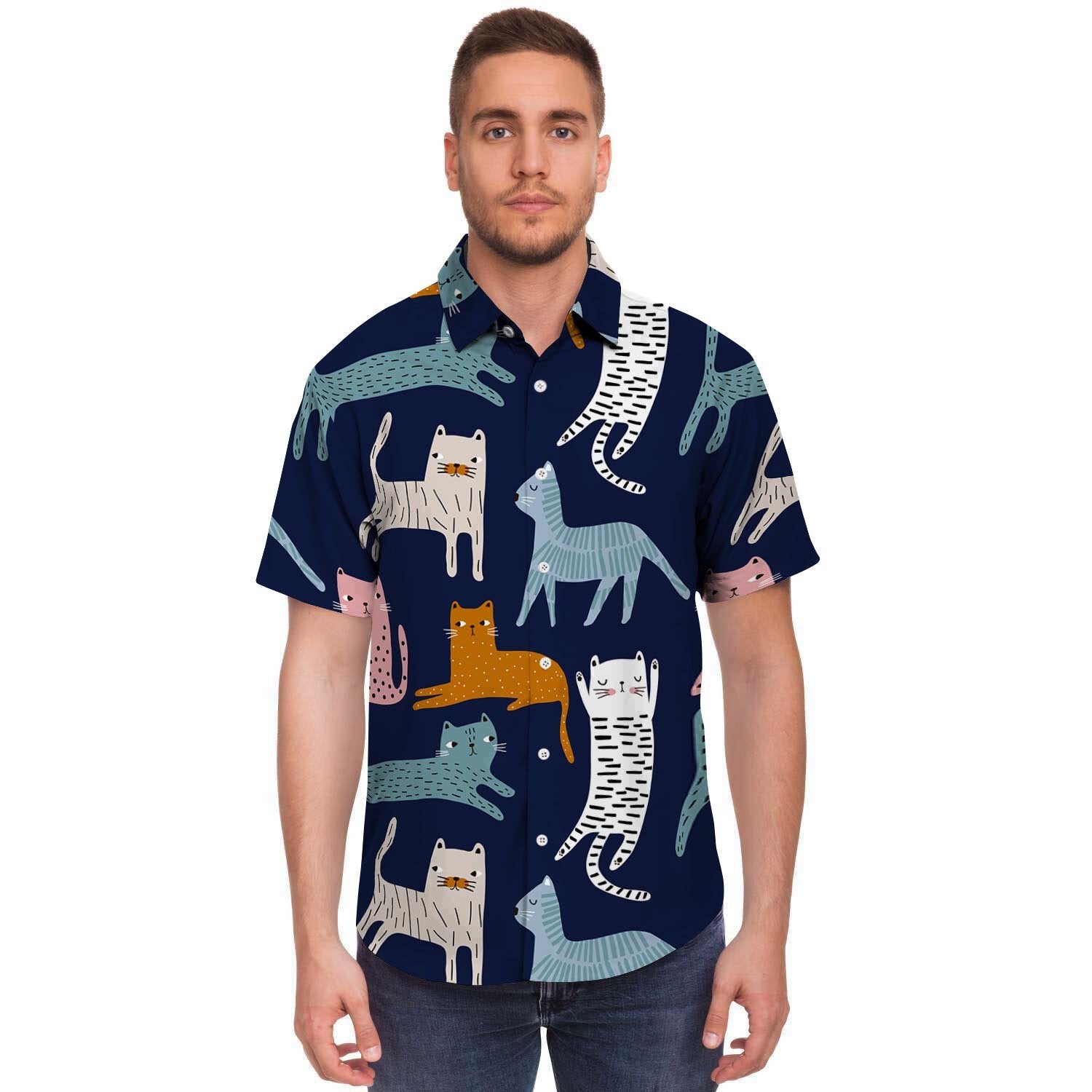 Cute Cat Style Print Men's Short Sleeve Shirt-grizzshop