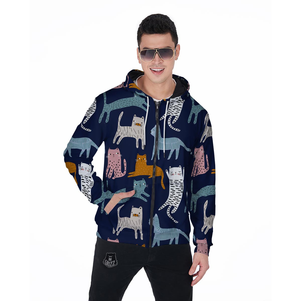 Cute Cat Style Print Men's Zip Up Hoodie-grizzshop