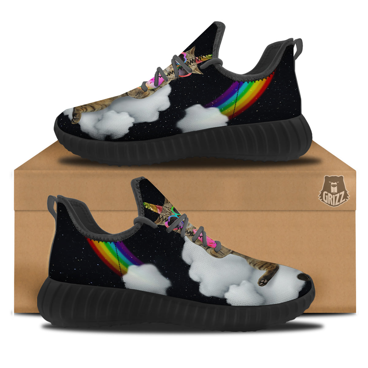 Cute Cat Unicorn Print Black Walking Shoes-grizzshop