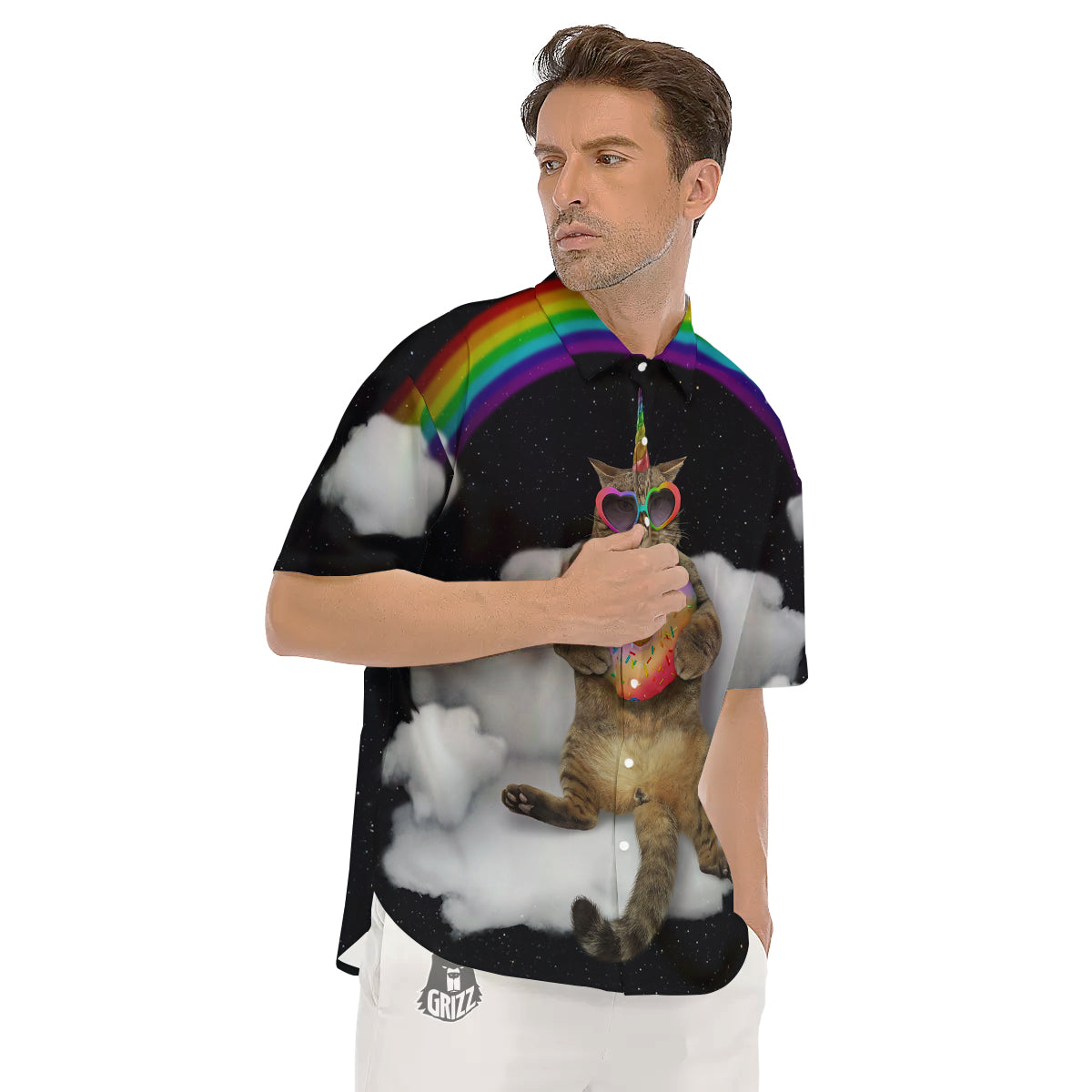 Cute Cat Unicorn Print Men's Short Sleeve Shirts-grizzshop