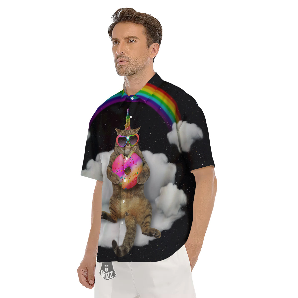 Cute Cat Unicorn Print Men's Short Sleeve Shirts-grizzshop