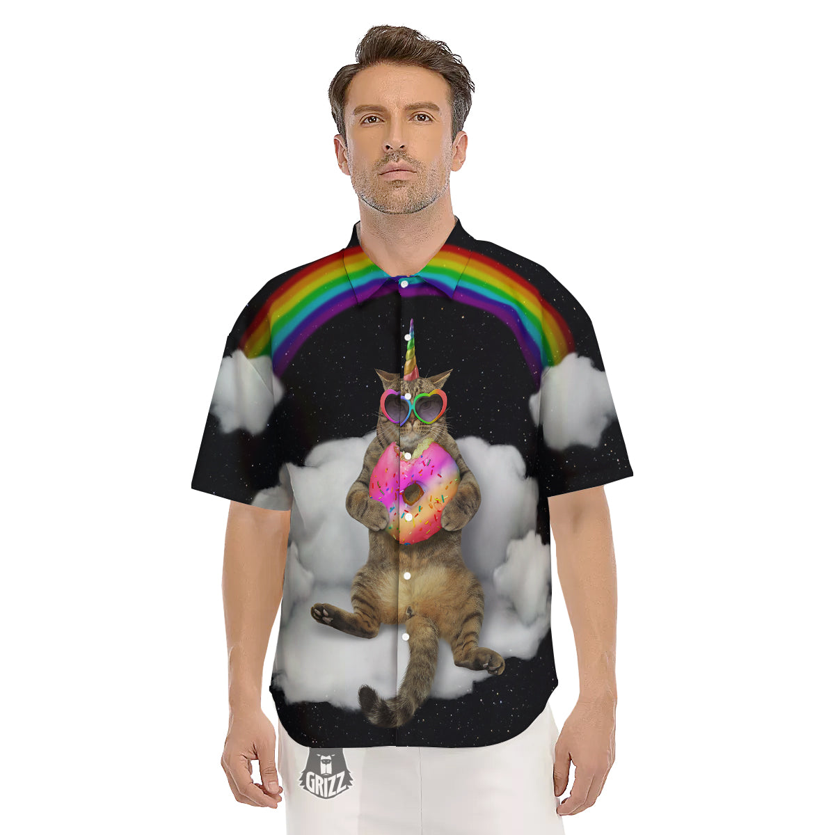 Cute Cat Unicorn Print Men's Short Sleeve Shirts-grizzshop