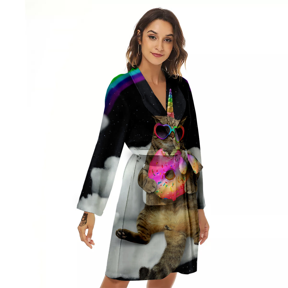 Cute Cat Unicorn Print Women's Robe-grizzshop