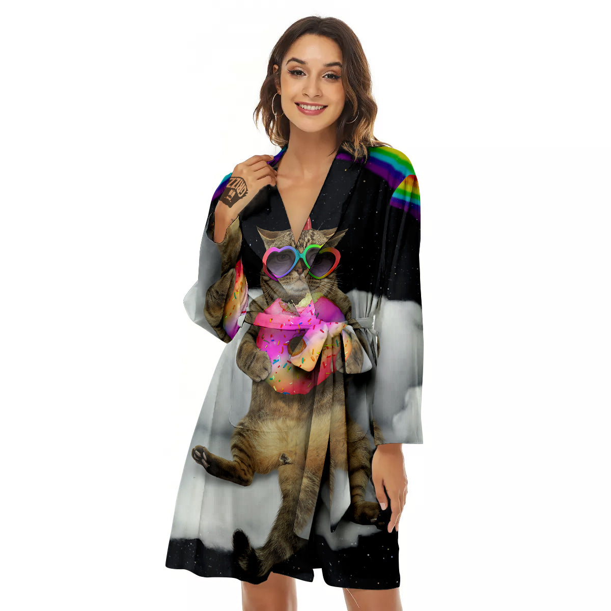 Cute Cat Unicorn Print Women's Robe-grizzshop