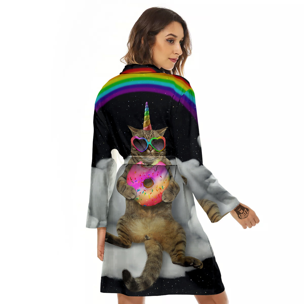 Cute Cat Unicorn Print Women's Robe-grizzshop
