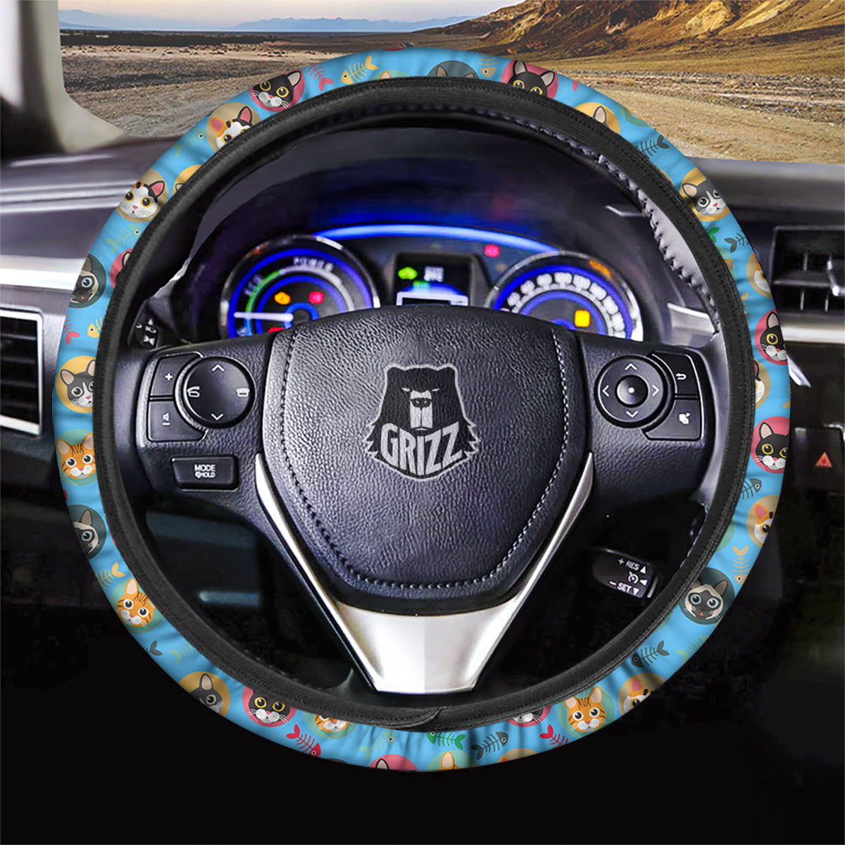 Cute Cats And Fishbone Colorful Print Pattern Car Steering Wheel Cover-grizzshop
