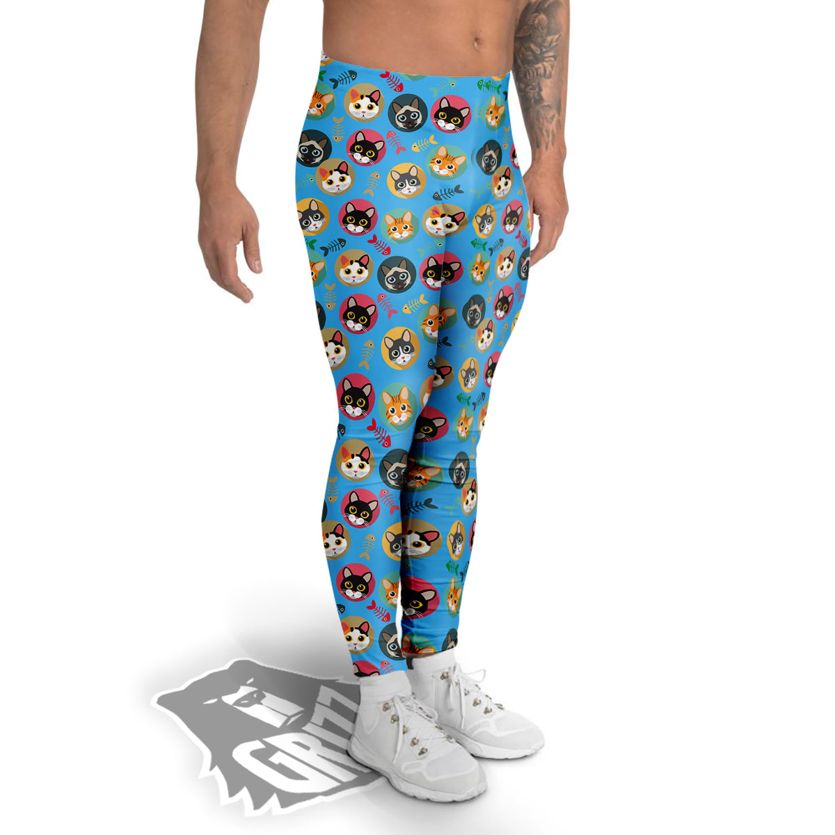 Cute Cats And Fishbone Colorful Print Pattern Men's Leggings-grizzshop