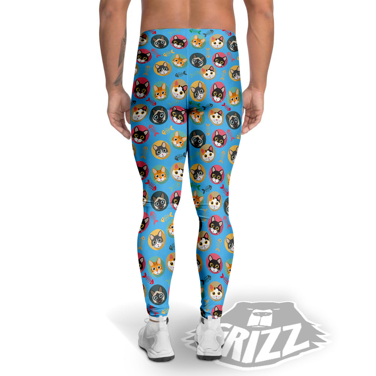 Cute Cats And Fishbone Colorful Print Pattern Men's Leggings-grizzshop