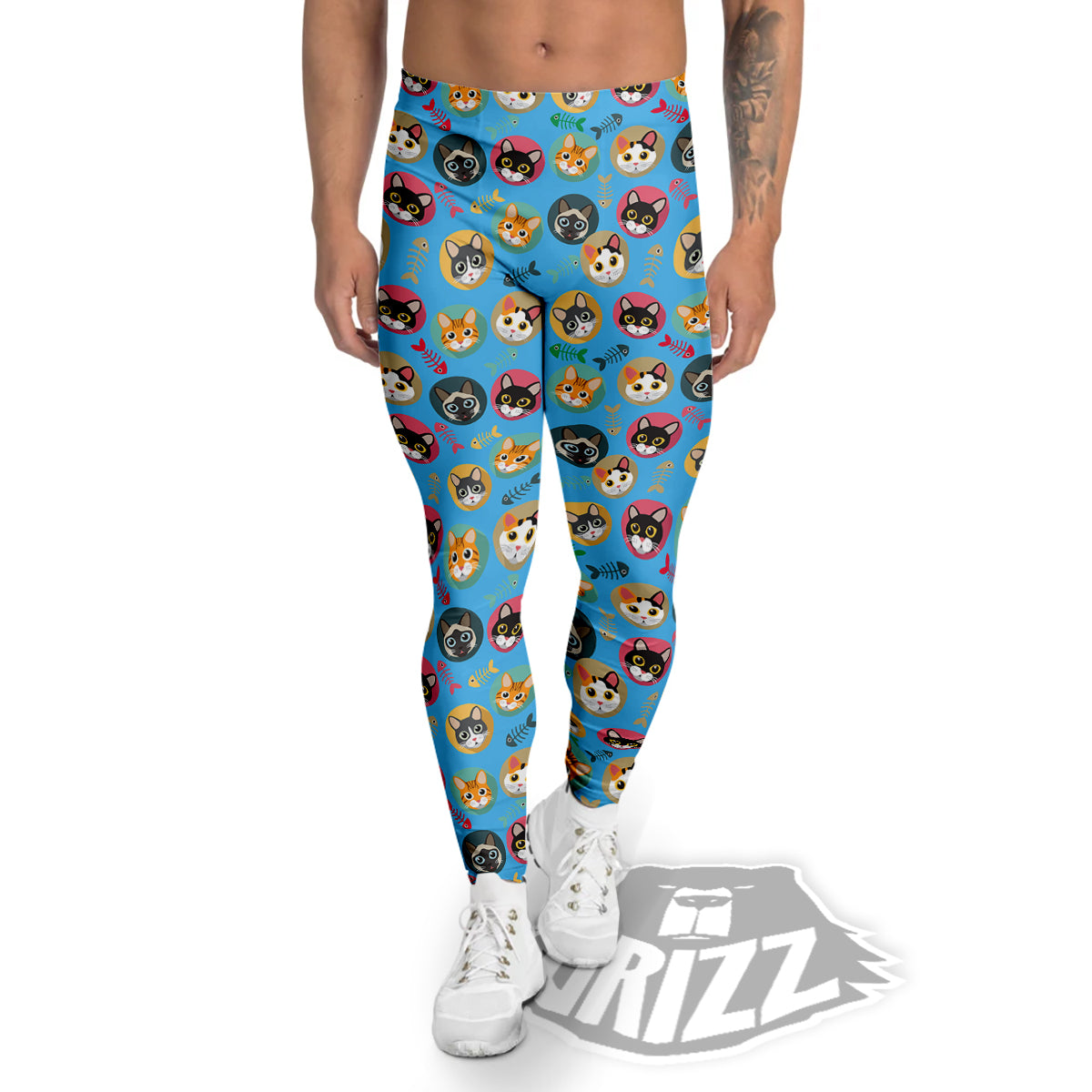 Cute Cats And Fishbone Colorful Print Pattern Men's Leggings-grizzshop