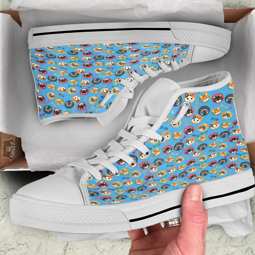 Cute Cats And Fishbone Colorful Print Pattern White High Top Shoes-grizzshop