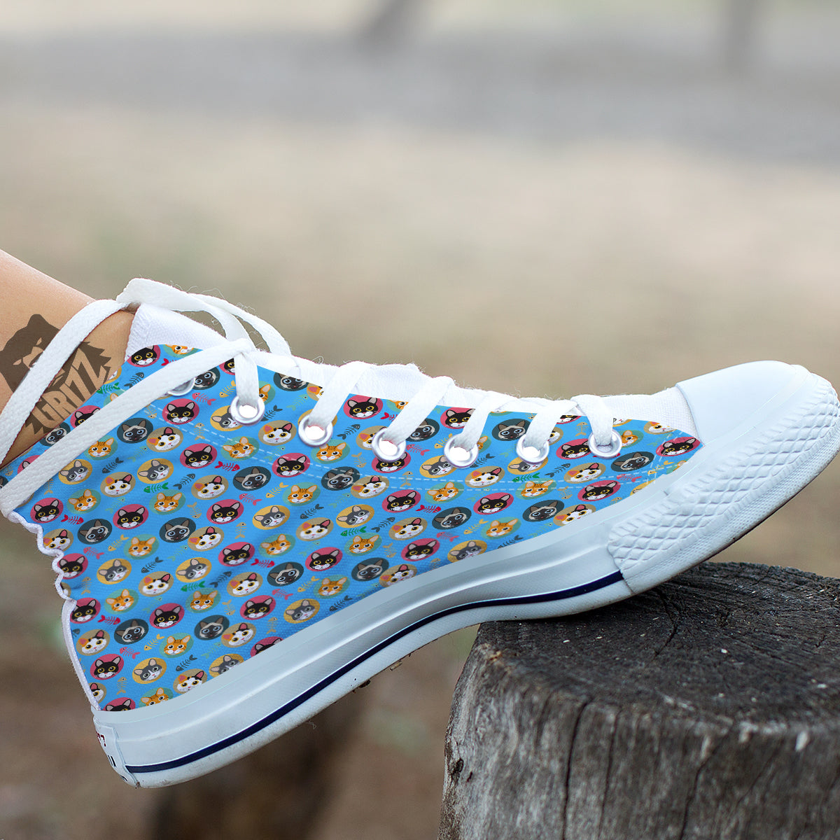 Cute Cats And Fishbone Colorful Print Pattern White High Top Shoes-grizzshop