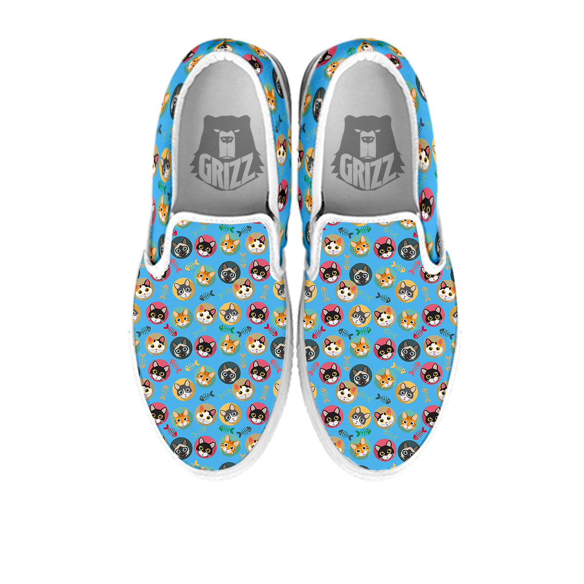 Cute Cats And Fishbone Colorful Print Pattern White Slip On Shoes-grizzshop