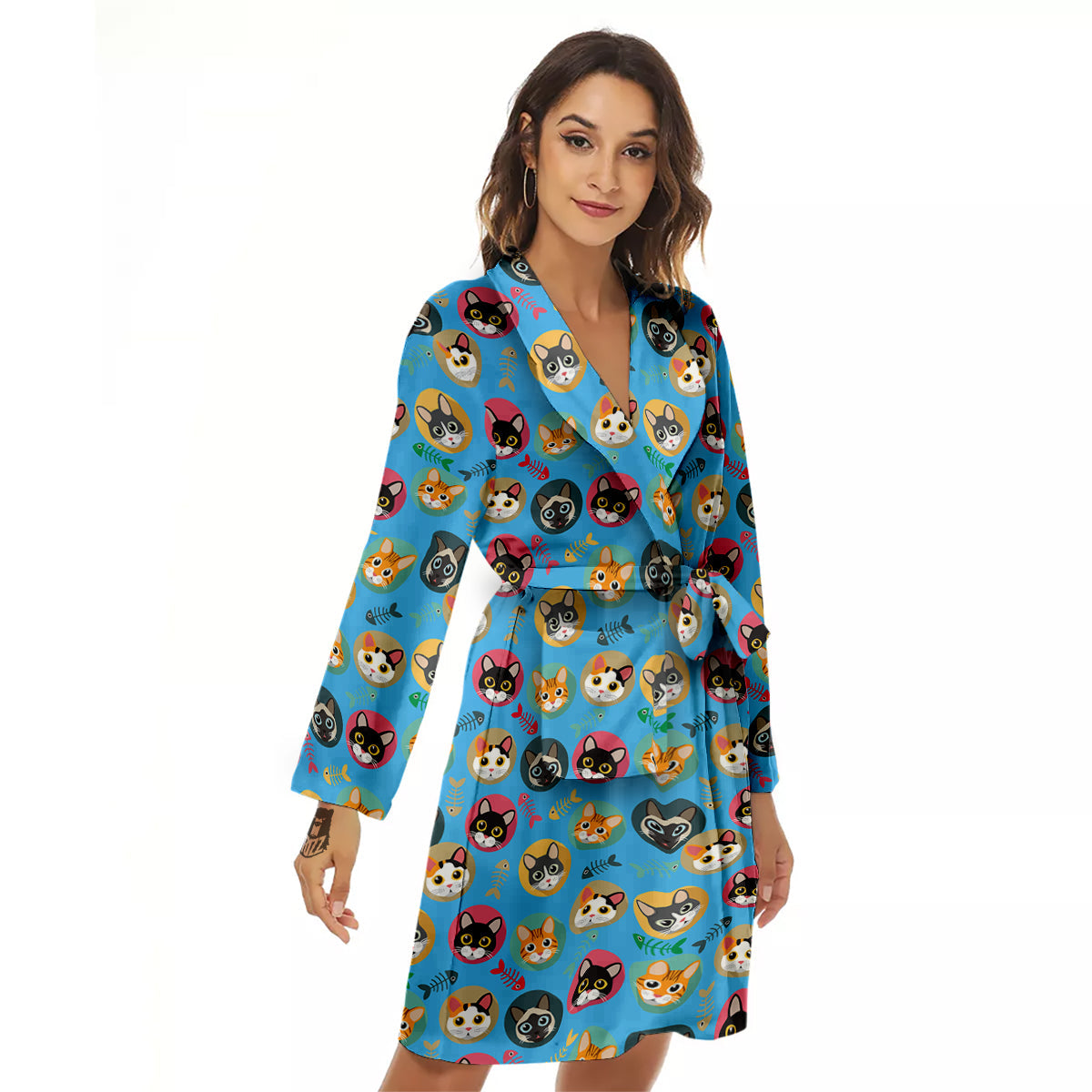 Cute Cats And Fishbone Colorful Print Pattern Women's Robe-grizzshop