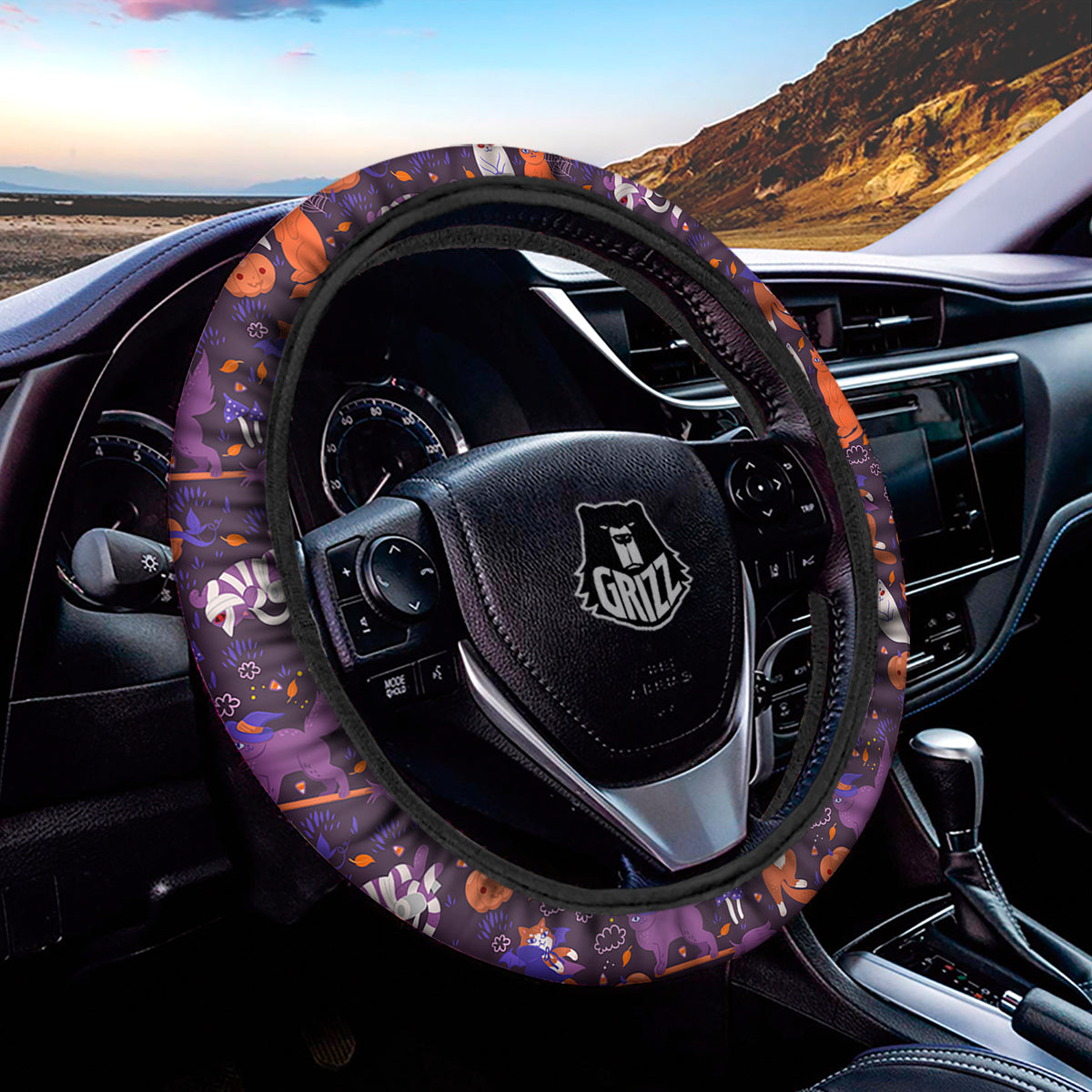 Cute Cats Halloween Print Pattern Car Steering Wheel Cover-grizzshop