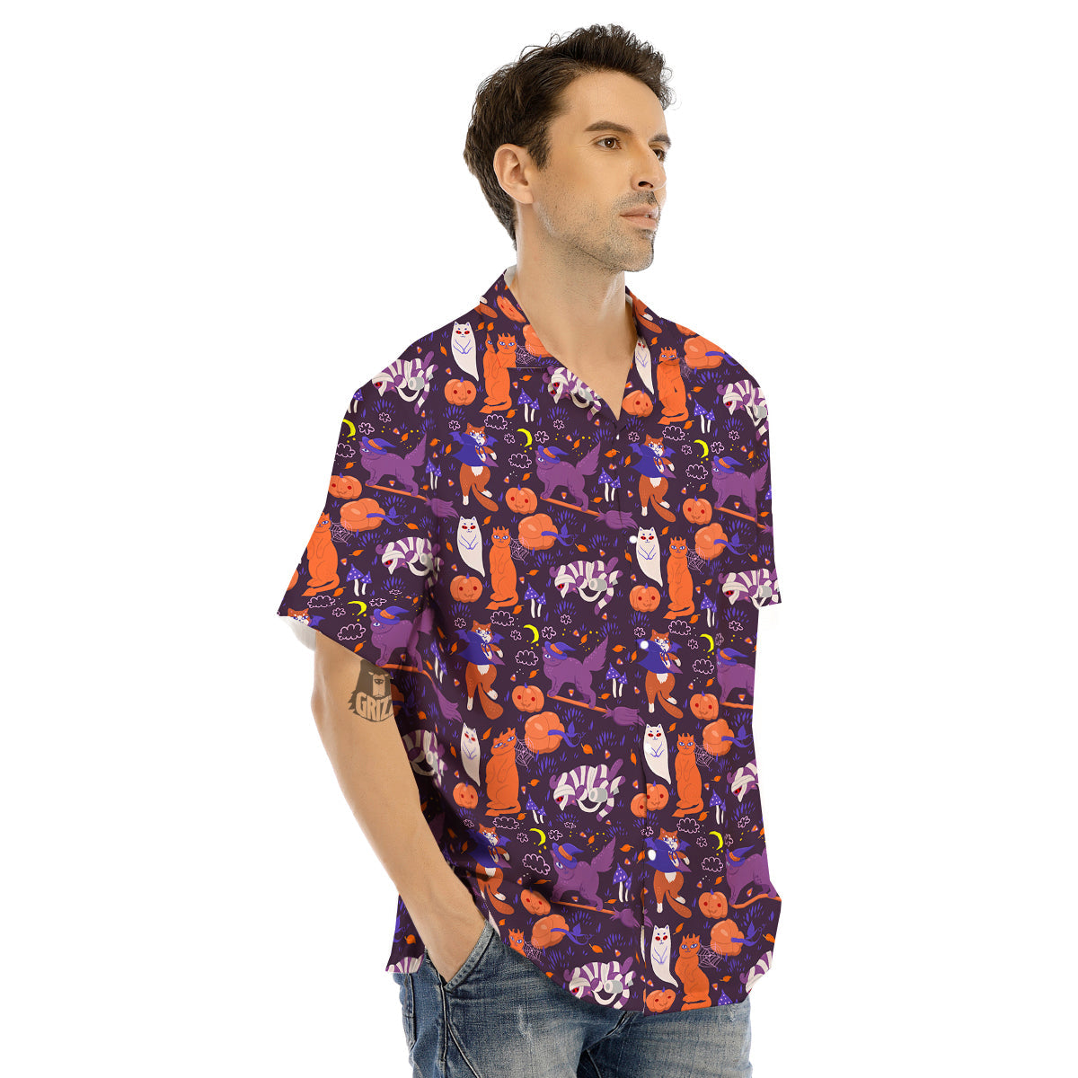 Cute Cats Halloween Print Pattern Men's Hawaiian Shirt-grizzshop