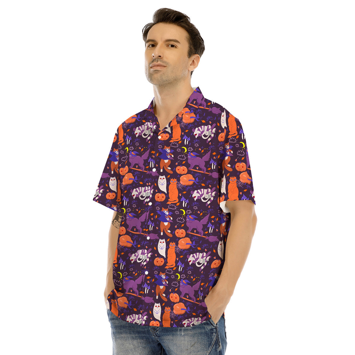 Cute Cats Halloween Print Pattern Men's Hawaiian Shirt-grizzshop