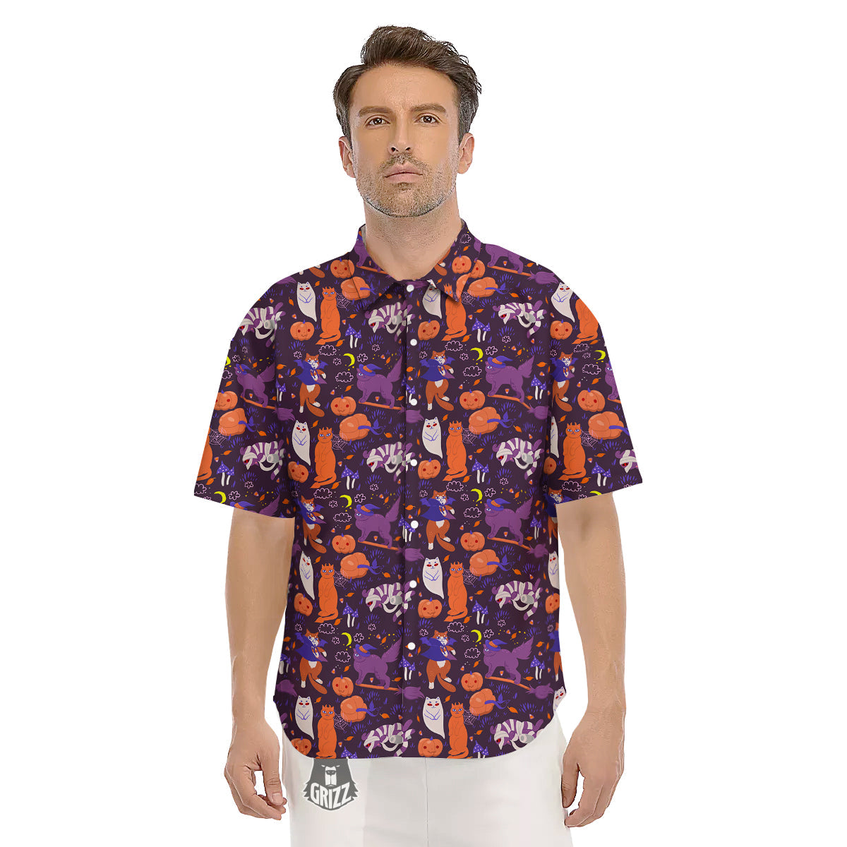 Cute Cats Halloween Print Pattern Men's Short Sleeve Shirts-grizzshop