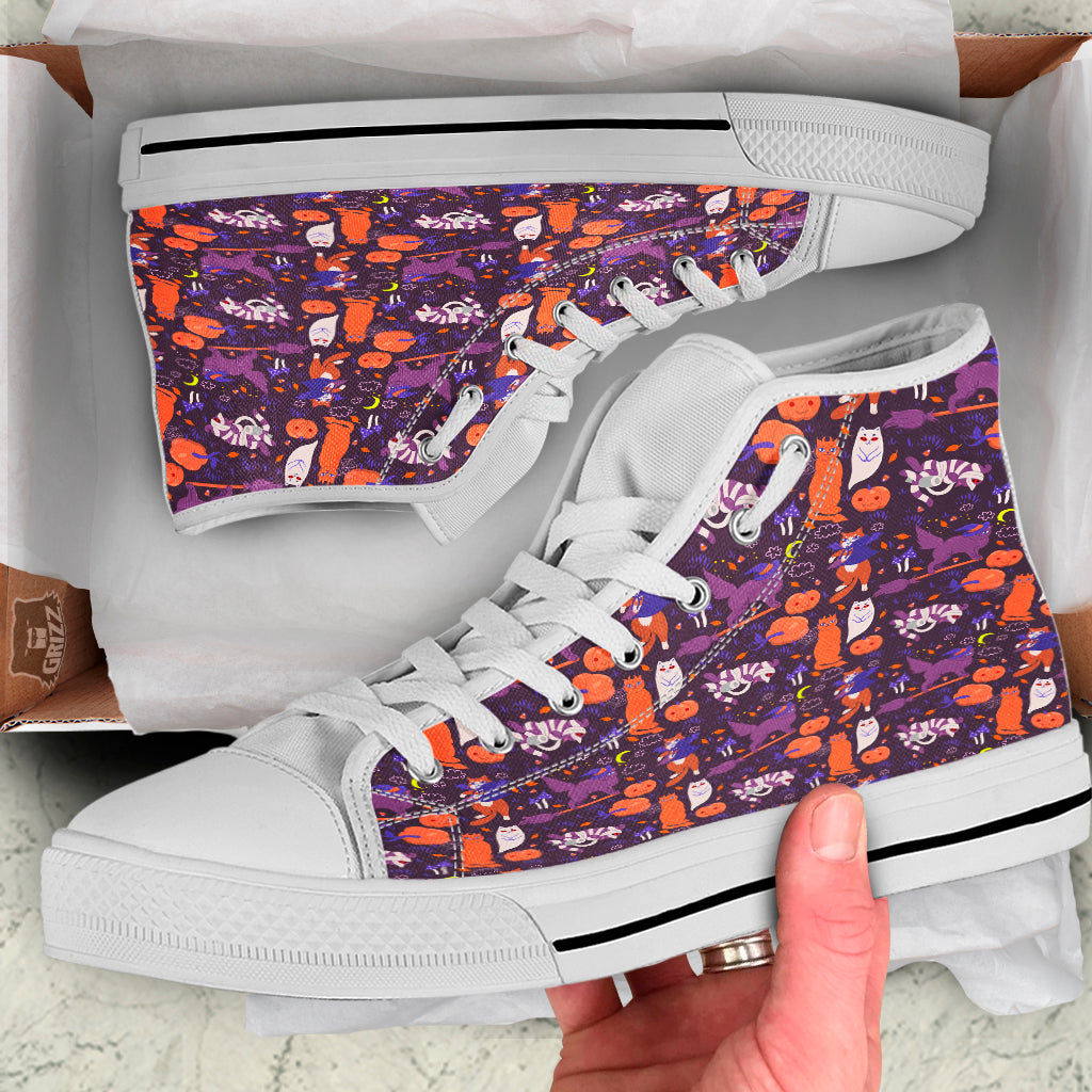 Cute Cats Halloween Print Pattern White High Top Shoes-grizzshop
