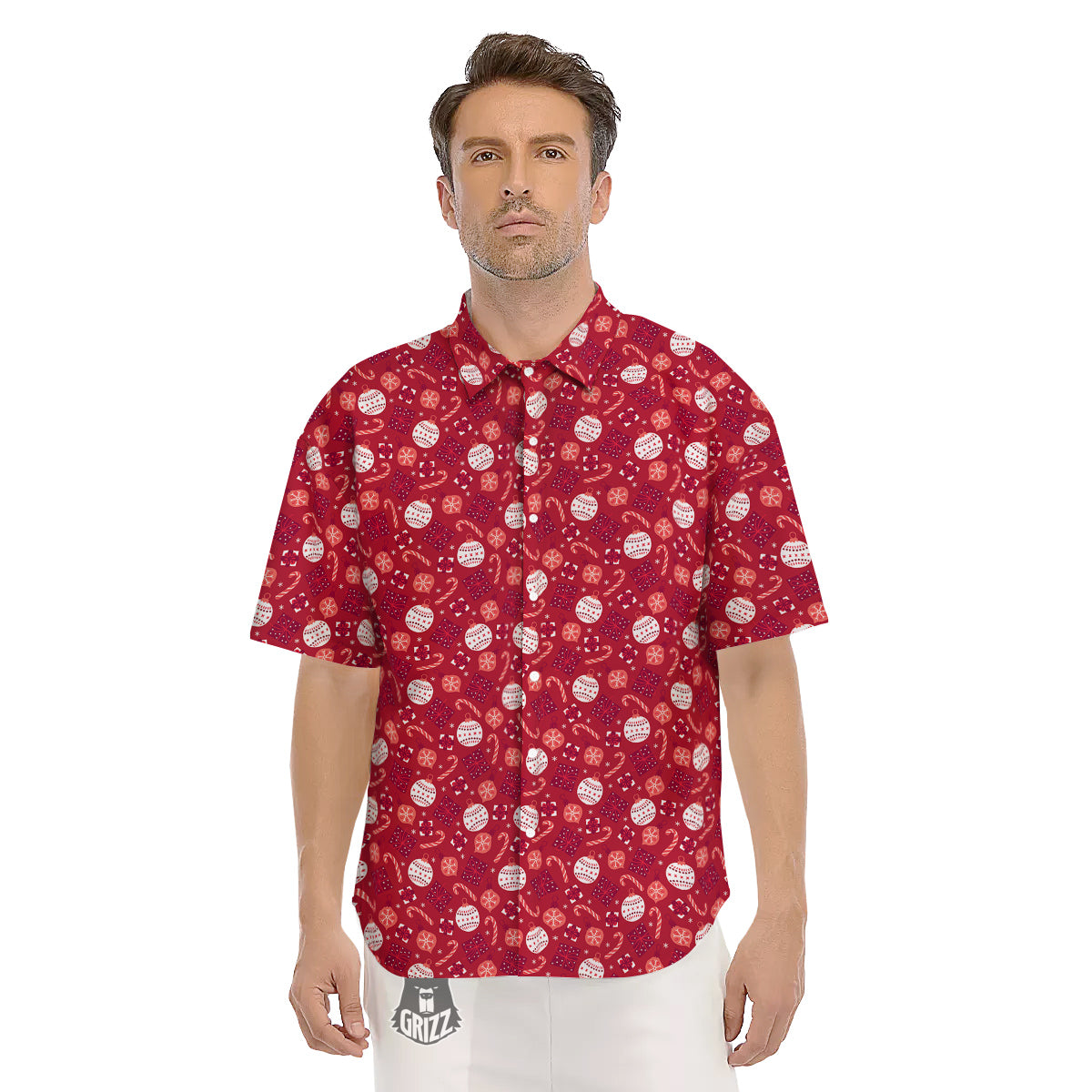 Cute Christmas Elements Print Pattern Men's Short Sleeve Shirts-grizzshop