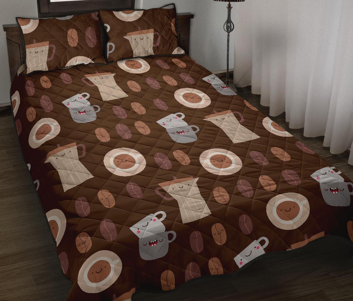 Cute Coffee Pattern Print Bed Set Quilt-grizzshop