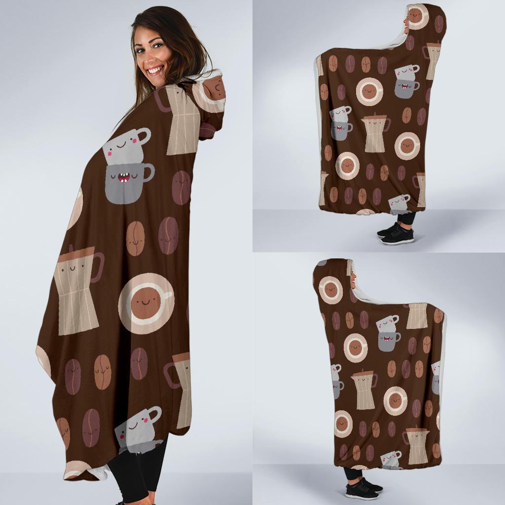 Cute Coffee Pattern Print Hooded Blanket-grizzshop