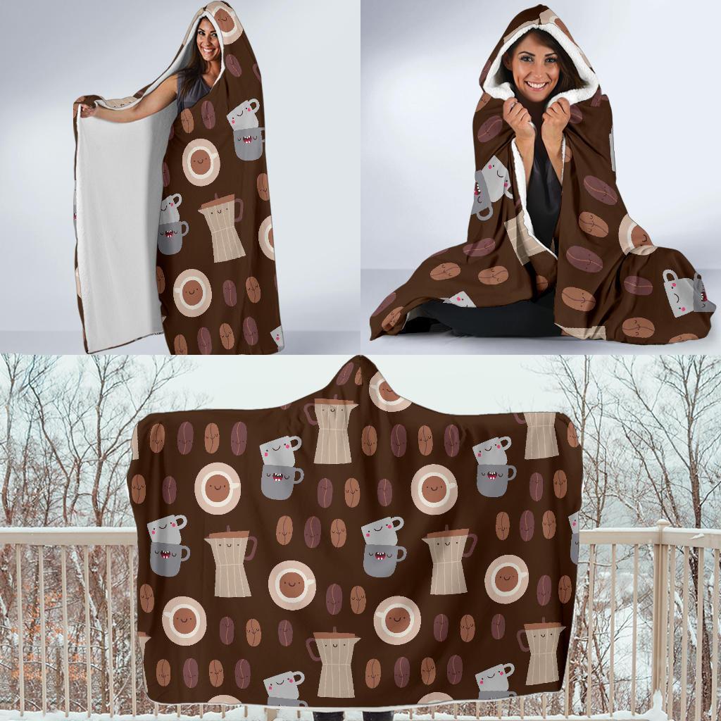 Cute Coffee Pattern Print Hooded Blanket-grizzshop