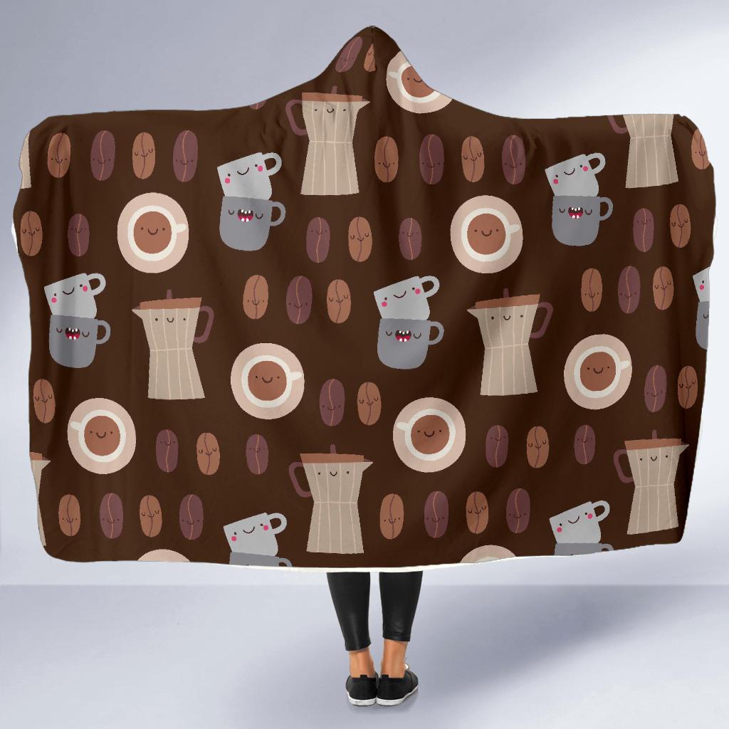 Cute Coffee Pattern Print Hooded Blanket-grizzshop