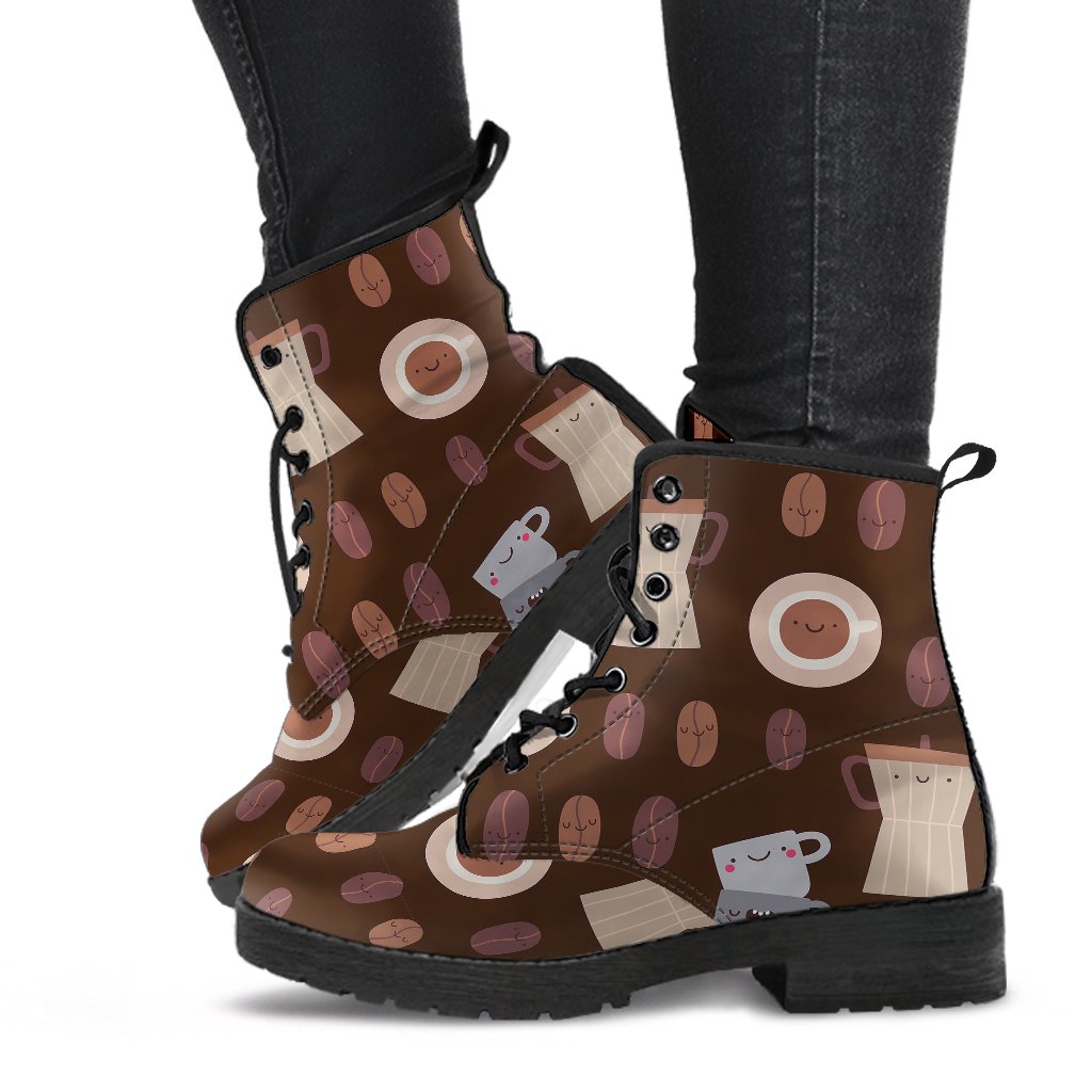 Cute Coffee Pattern Print Men Women Leather Boots-grizzshop
