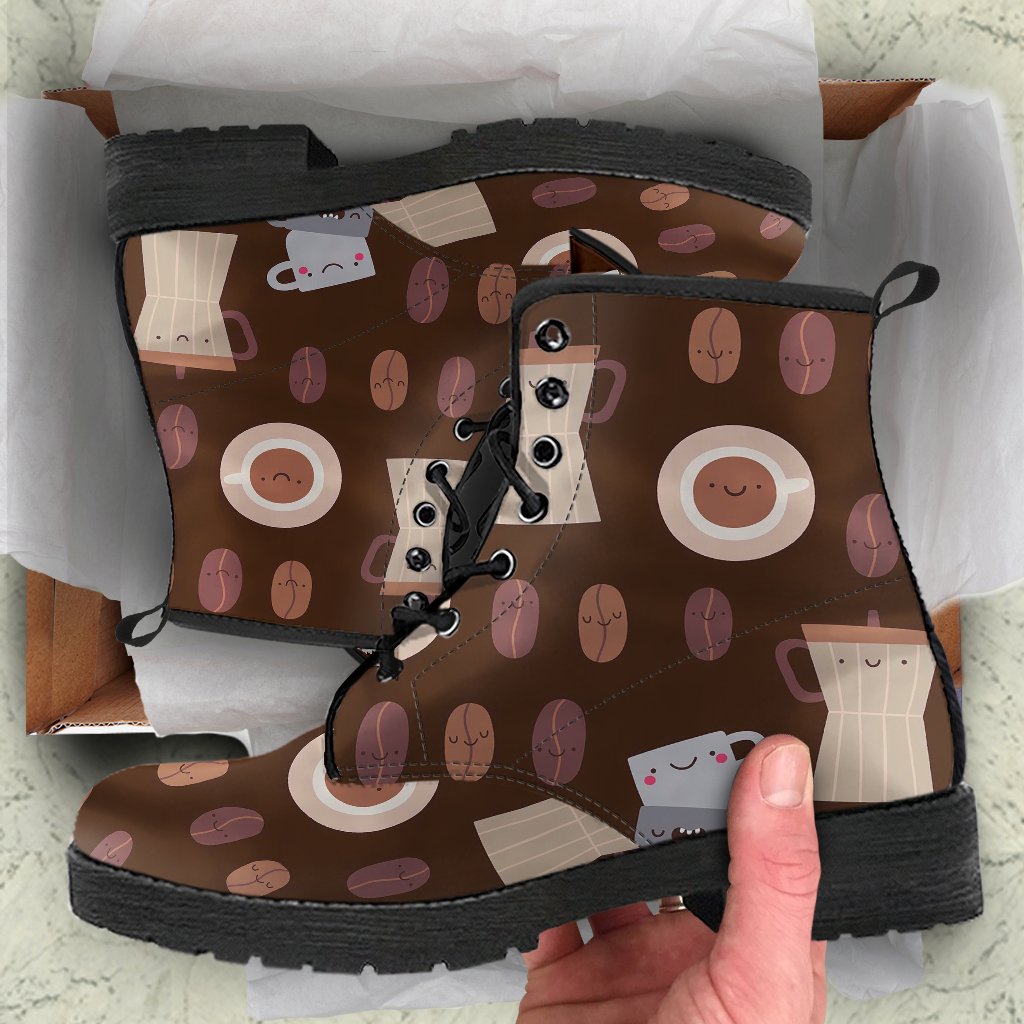 Cute Coffee Pattern Print Men Women Leather Boots-grizzshop