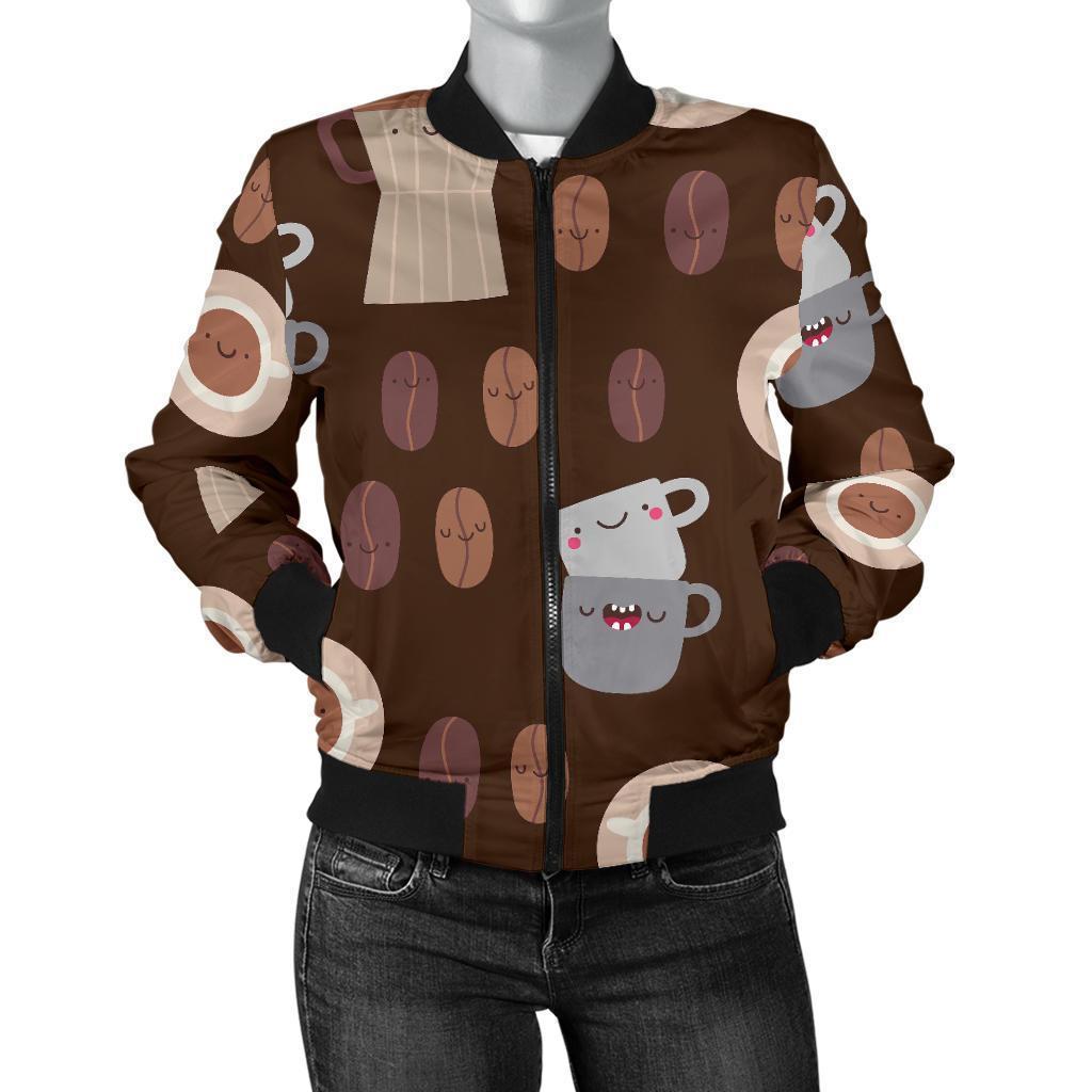 Cute Coffee Pattern Print Women Casual Bomber Jacket-grizzshop