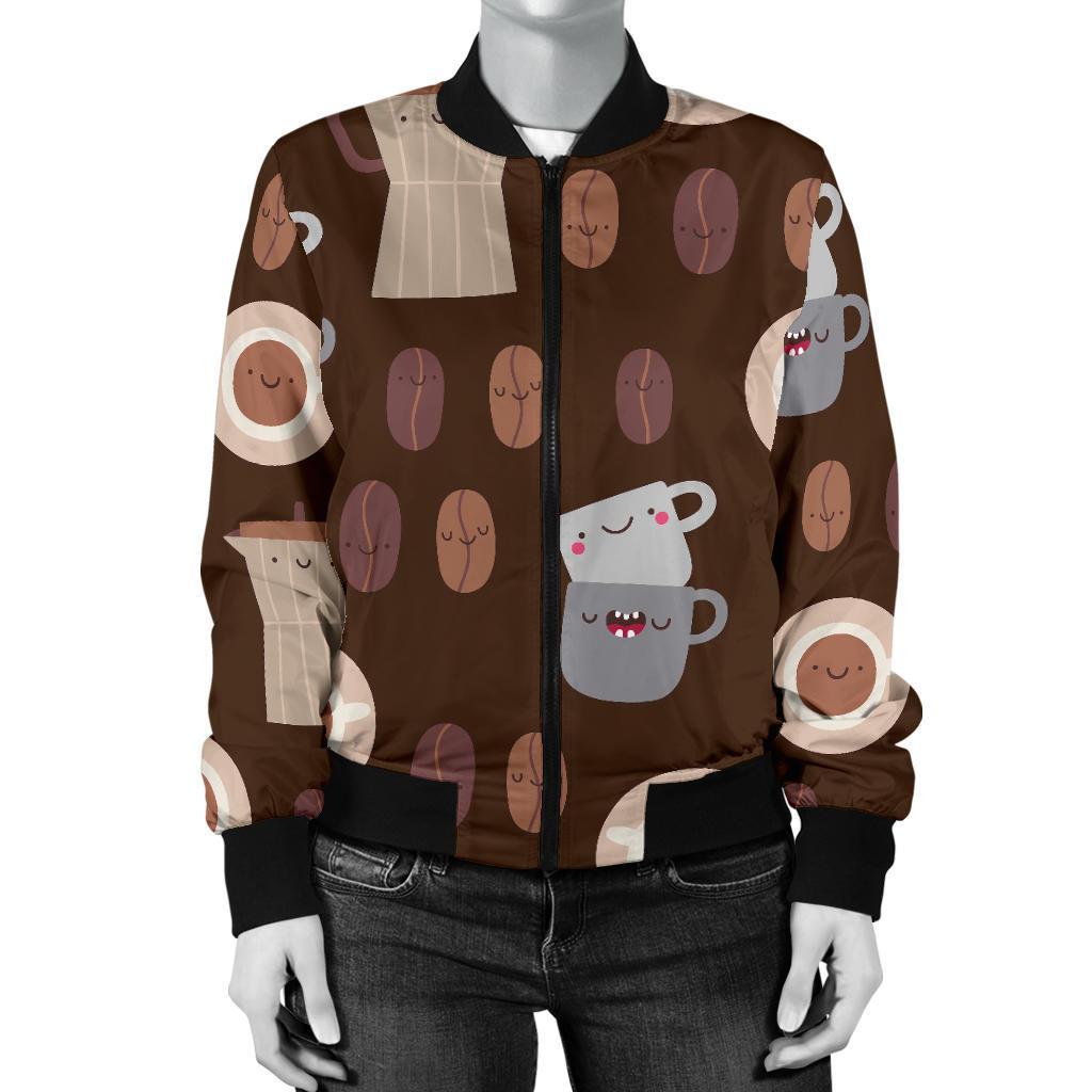 Cute Coffee Pattern Print Women Casual Bomber Jacket-grizzshop
