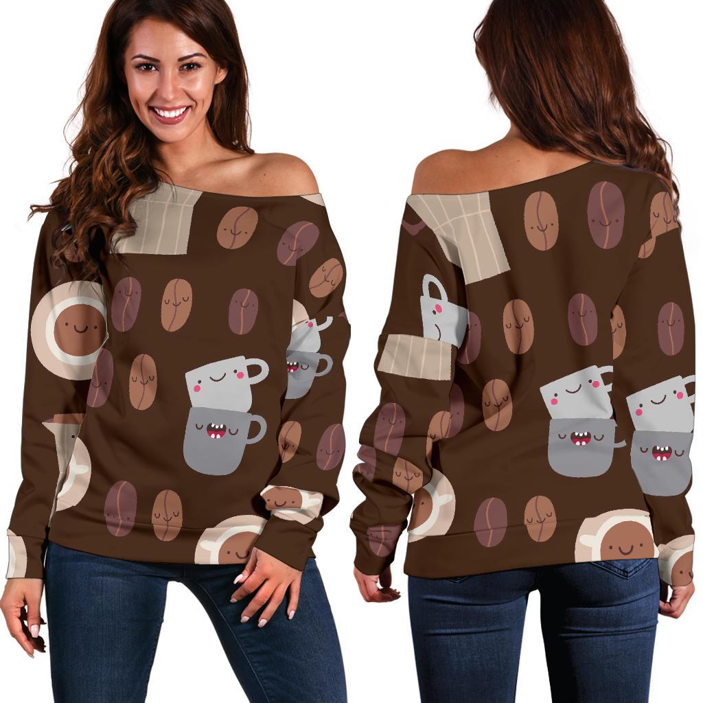 Cute Coffee Pattern Print Women Off Shoulder Sweatshirt-grizzshop