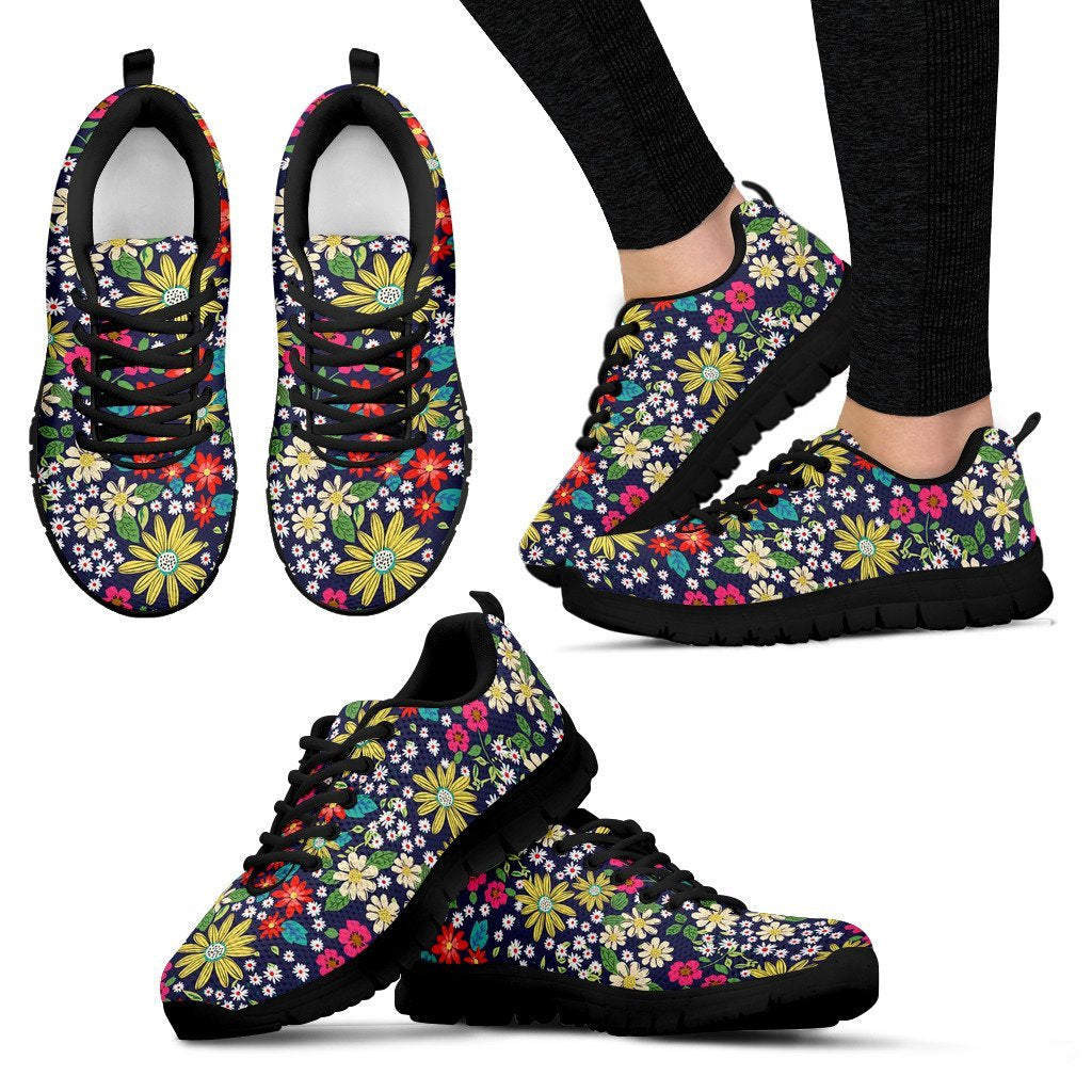 Cute Colorful Daisy Pattern Print Black Sneaker Shoes For Men Women-grizzshop