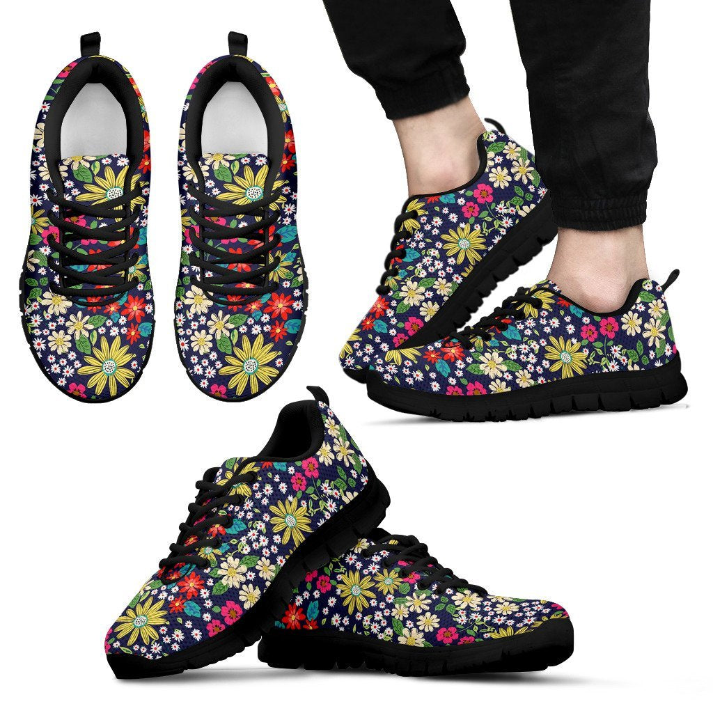 Cute Colorful Daisy Pattern Print Black Sneaker Shoes For Men Women-grizzshop