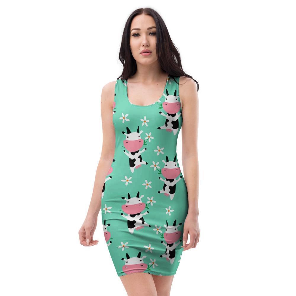 Cute Cow Floral Print Bodycon Dress-grizzshop