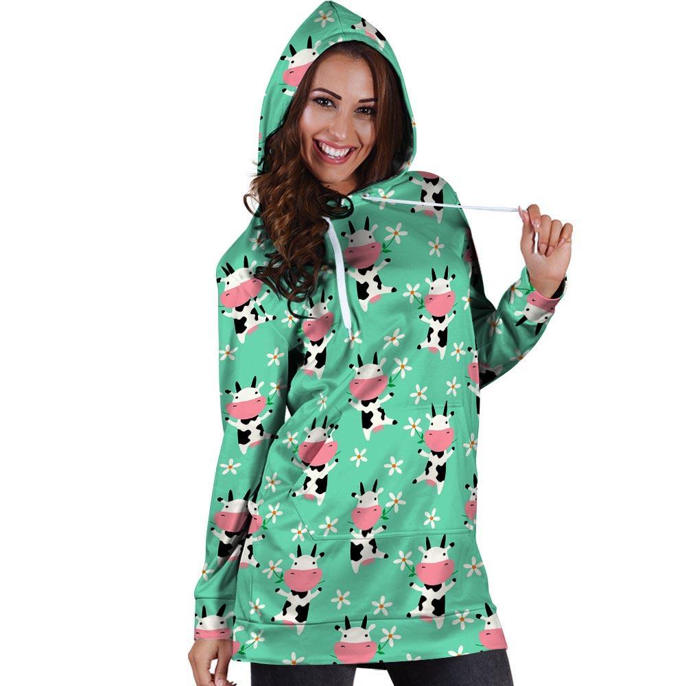 Cute Cow Floral Print Hoodie Dress-grizzshop